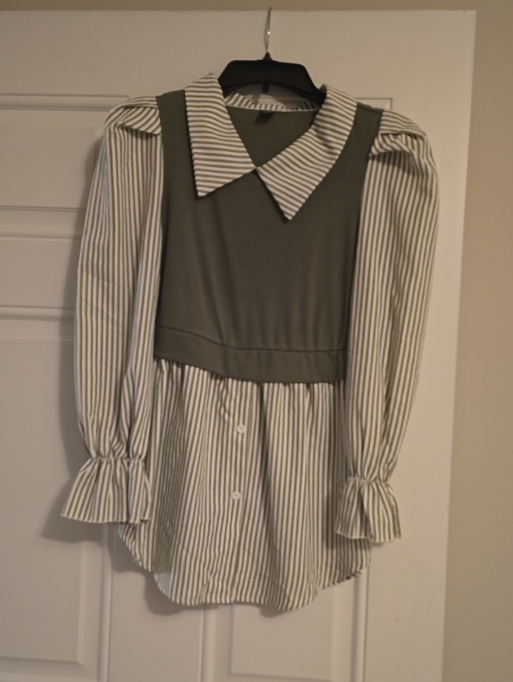 Striped Collared Blouse with Olive Overlay